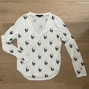 Skull Cashmere White V-Neck Skull Print Sweater